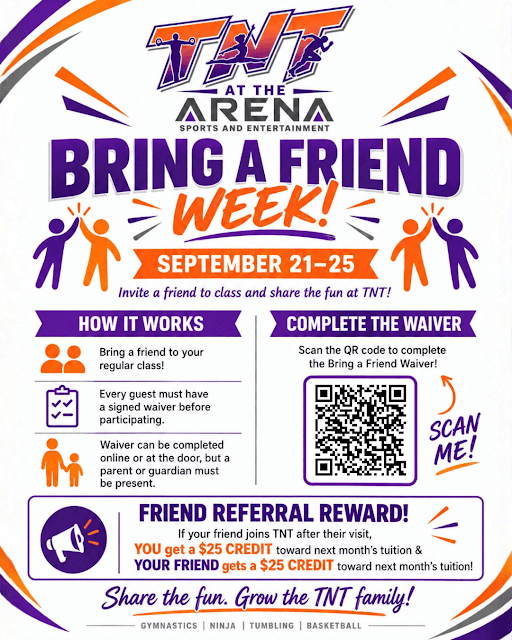 Bring a Friend Week flyer, September 21–25, with a QR code for the guest waiver